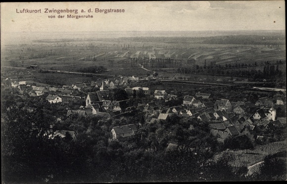 Postcard Zwingenberg on the Bergstrasse in Hesse, panorama seen from the morning calm
