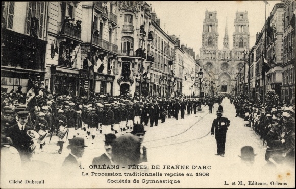 Ak Orléans Loiret, Feesten van Jeanne d'Arc, processie traditionele 1908, Societes de Gymnastique