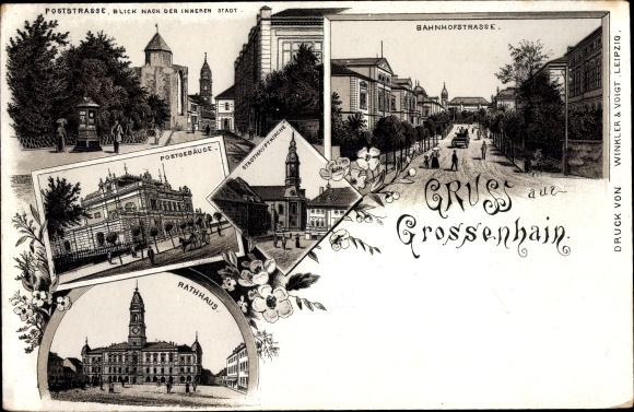 Chromo-Litho Grossenhain in Saxony, Poststrasse, town hall, post office building, Bahnhofstrasse, main town church