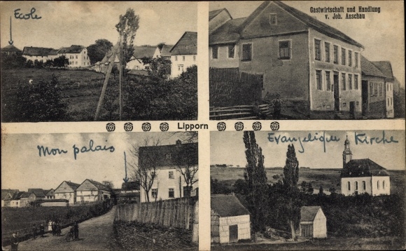 Postcard Lipporn im Taunus, inn and shop, evangelical church, school, local section