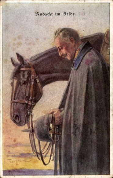 Artist PC Kaiser Wilhelm II, devotion in the field, horse, prayer