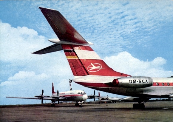 Postcard turbine air jet airliner Tupolew Tu 134 of Interflug, DM SCA, Airport