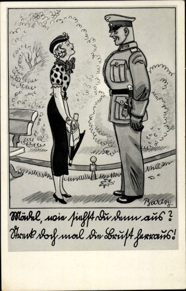 Künstler Ak Barlog, Soldat der Wehrmacht trifft Frau im Park, Soldatenhumor