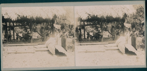 Stereo photo French Guiana, village party, mother with child, hammock, world trip 1914