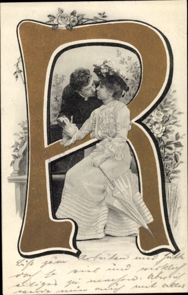 Letters Postcard Letter R., lovers, roses