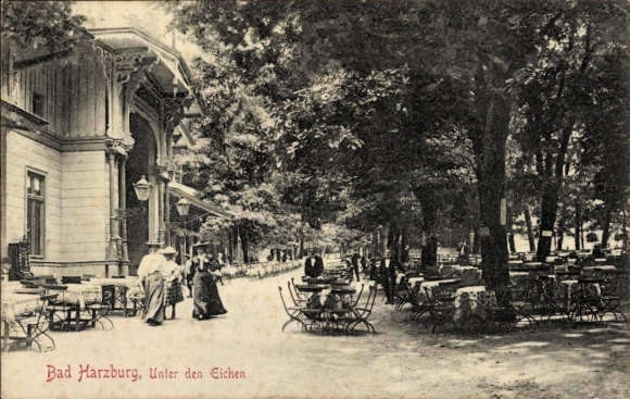 Ak Bad Harzburg am Harz, Café im Freien, Bäume, Tische und Stühle, Menschen