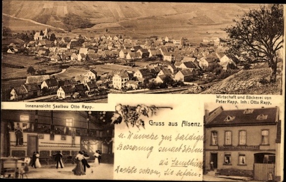 Ak Alsenz in der Pfalz, Saalbau Otto Rapp, Wirtschaft, Bäcker, Gesamtansicht
