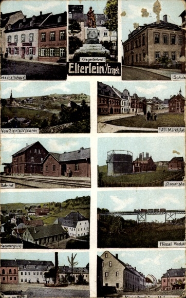 Ak Elterlein im Erzgebirge, Geschäftshaus, Schule, Bahnhof, Gasanstalt, Viadukt, Kriegerdenkmal