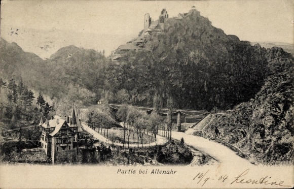Postcard Altenahr in the Ahr Valley, mountain landscape, castle on the mountain, road, villa, forest