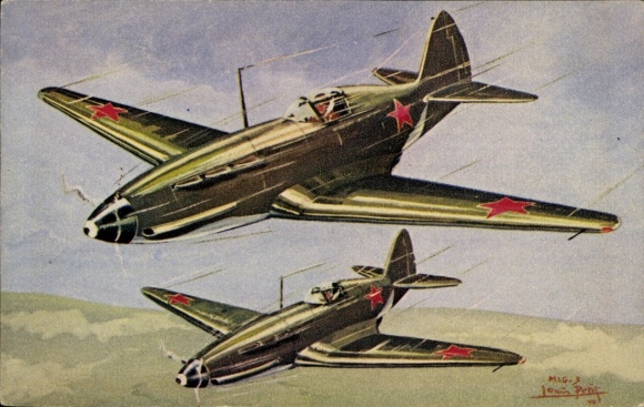 Kunstenaarskaart Louis Petit, Russische militaire vliegtuigen, MIG 3, gevechtsvliegtuigen, Sovjet-Unie, USSR