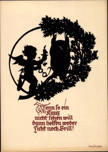 Paper cut Postcard Plischke, Georg, If such an owlet doesn&#39;t want to see, angel, owl, glasses