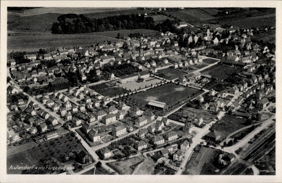 Postcard Aulendorf in Württemberg, aerial view of landscaped squares, residential buildings, streets