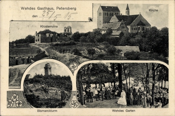 Ak Petersberg im Saalekreis, Wehdes Gasthaus,  Klosterruine, Bismarckturm, Wendes Garten, Kirche