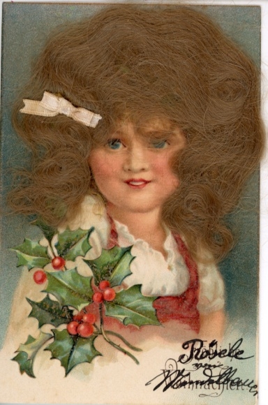 Human Hair Postcard Congratulations Christmas, Girl, Holly Branches