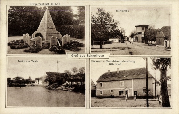 Ak Schnellroda Steigra in de Saalekreis, oorlogsmonument 1914-1918, gebied bij de vijver, dorpsstraat, bakkerij