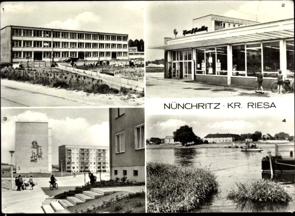 Postcard Nünchritz in Saxony, polytechnic high school, consumer department store, Glaubitzer Strasse, Elbe ferry