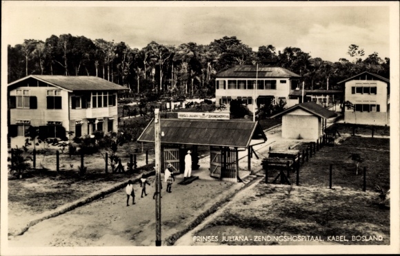 Postcard Kabel Bosland Suriname, Princess Juliana Mission Hospital, Evangelical Brother Church