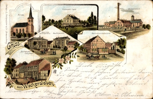 Postcard Wackersleben in Saxony-Anhalt, church, factories, restaurant