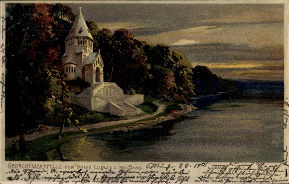 Artist Chromo-Litho Diemer, Zeno, Berg Starnberger See Upper Bavaria, Memorial Chapel King Ludwig II