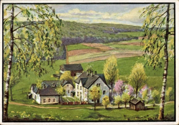 Ak Brunndöbra Klingenthal in het Vogtland Saksen, landschap met boerderij, weilanden en bomen