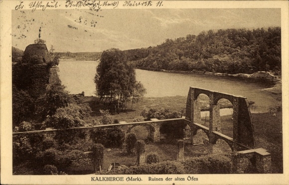 Ak Rüdersdorf bei Berlin, Kalkberge, Ruinen der alten Öfen, Flusslandschaft, historische Stätte