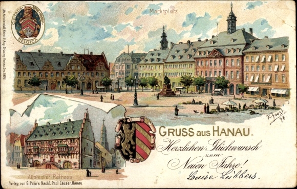 Präge Wappen Künstler Litho Joost, R., Hanau Main Kinzig Kreis, Rathaus, Marktplatz