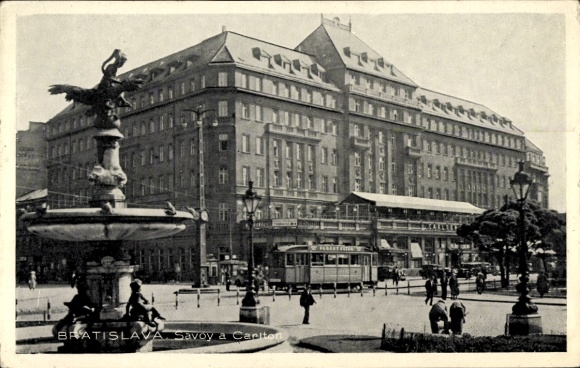 KP Pressburg Bratysława Słowacja, Hotel Carlton, fontanna, tramwaj