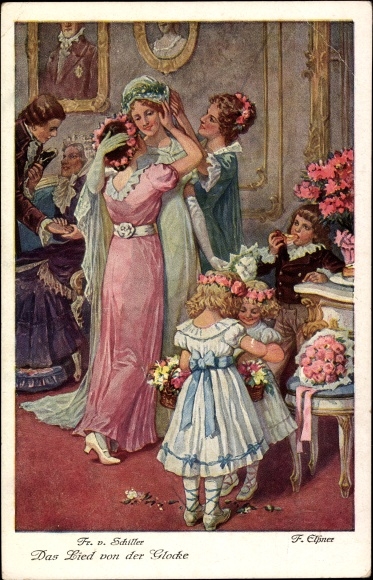 Artist Postcard Elßner, F., The Song of the Bell by Schiller, wedding preparations, flower girls
