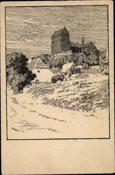 Ak Petersberg im Saalekreis, Landschaft mit einem Berg, Häuser und Bäume, alte 