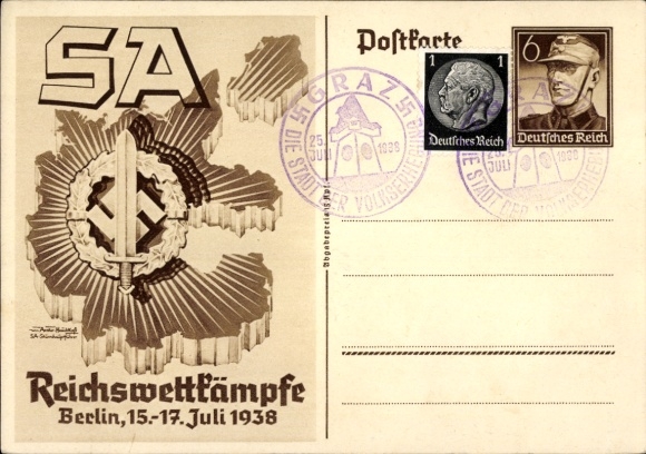 Postal stationery artist Postcard Axster Heudtlaß, SA Reichswettbewerbe Berlin 1938