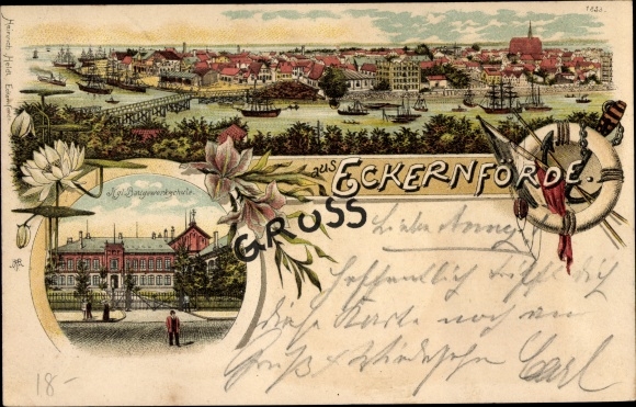 Litho Eckernförde in Schleswig Holstein, Panorama mit Fluss, Baugewerkschule