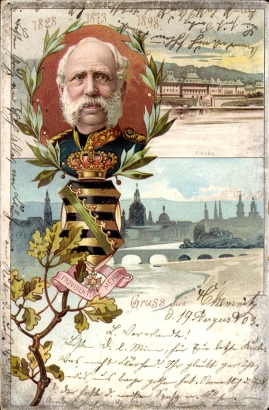 Litho Dresden Altstadt, König Albert v. Sachsen, Schloss Pillnitz