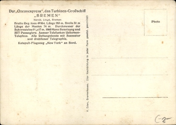 Postcard fast steamer Bremen, turbine-powered ship, North German Lloyd, catapult aircraft New York