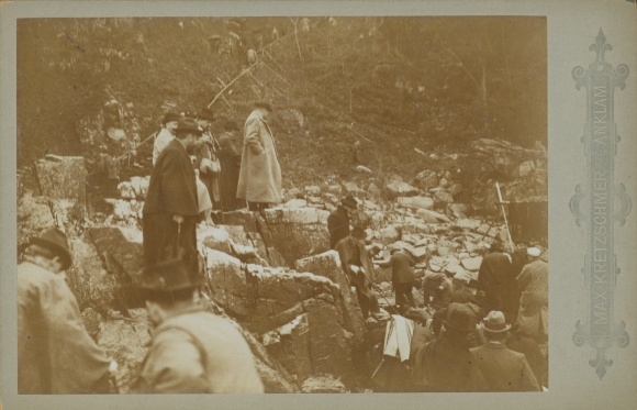 Cabinet photo Bornholm Denmark, men climbing over rocks on the coast, 1896