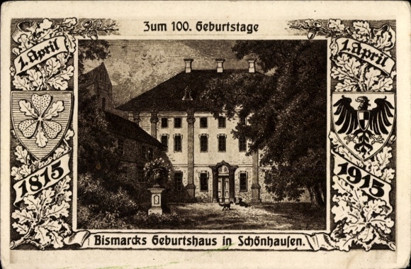 PC Schönhausen an der Elbe, Bismarck's birthplace, 100th birthday, April 1, 1915, black and white
