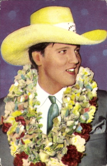 KP aktor i piosenkarz Elvis Presley, portret, kapelusz, wieniec kwiatowy