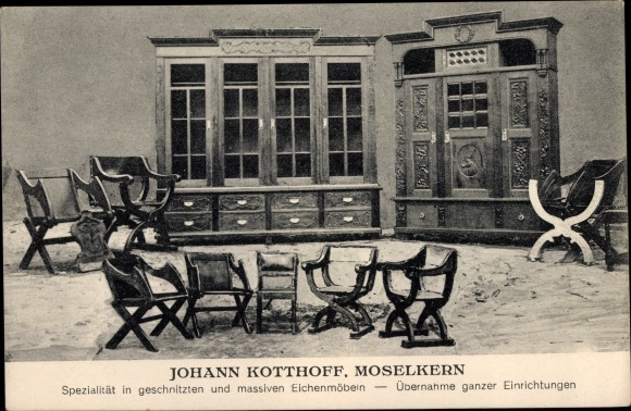 Postcard Moselkern on the Moselle, carved and solid oak furniture by Johann Kotthoff