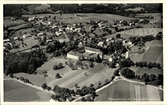 Postcard Wessobrunn in Upper Bavaria, aerial photograph, Benedictine monastery, landscape, fields, residential buildings