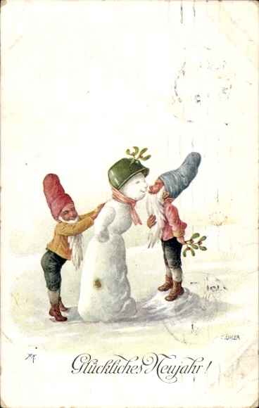 Artist Postcard Happy New Year, dwarves, snowman