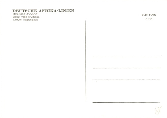 Postcard Motor Ship Polana, Deutsche Afrika Linien