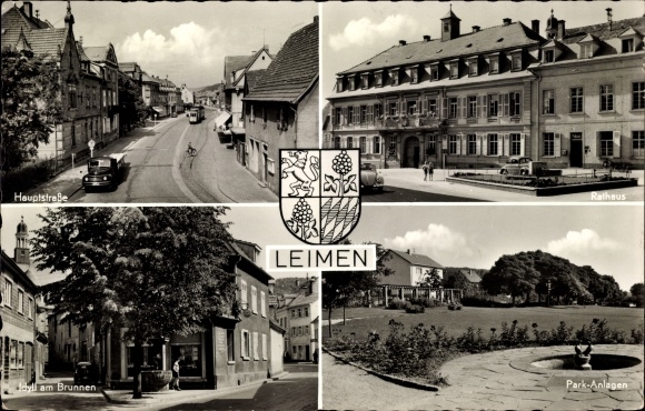 Postcard Leimen in Baden, town hall, fountain, parks, main street, coat of arms
