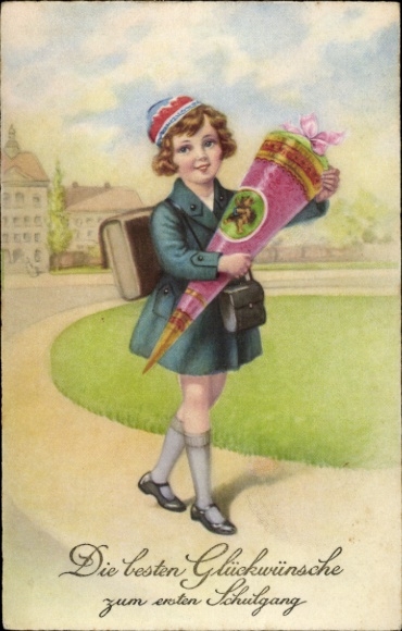 Postcard Altfriedstein Niederlößnitz Radebeul, girl with school cone and candy cone in her hand Hi...
