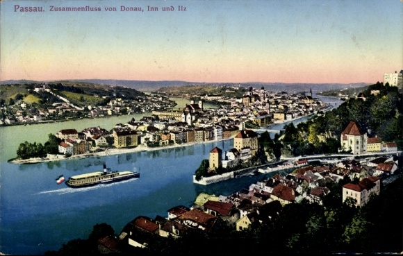 Postcard Passau in Lower Bavaria, panoramic view of the city, confluence of the Danube, Inn and Ilz, steam