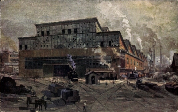 Kunstenaarskaart Essen in het Ruhrgebied, gietstaalfabriek, persconstructie II