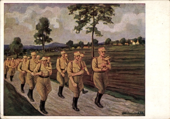 Artist Postcard Frauendorfer, Eduard, We march for the homeland, Acquire the SA sports badge