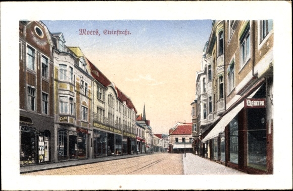 Postcard Moers on the Lower Rhine, Steinstrasse, shops, café, furniture store
