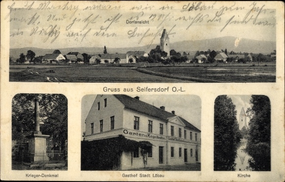 PC Nieder Seifersdorf Waldhufen in Oberlausitz, Gasthof Stadt Löbau, church, war memorial