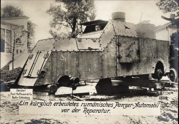 Postcard Captured Romanian armored car before repair, I. WW