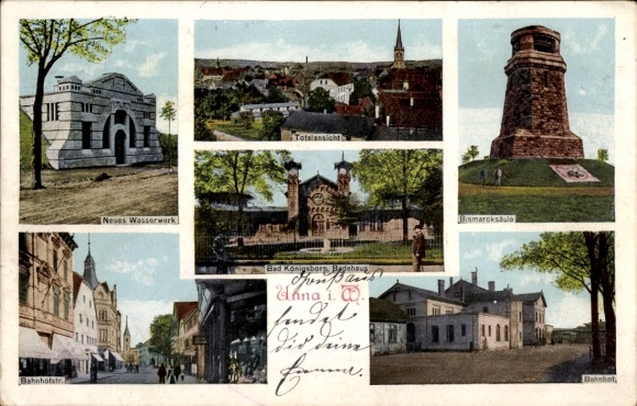 Ak Unna in Westfalen, Neues Wasserwerk, Bismarcksäule, Bahnhofstraße, Bahnhof, Badehaus