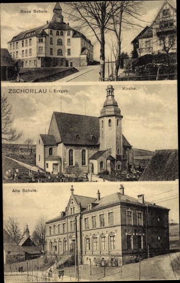 Postcard Zschorlau Erzgebirge, new and old school, church
